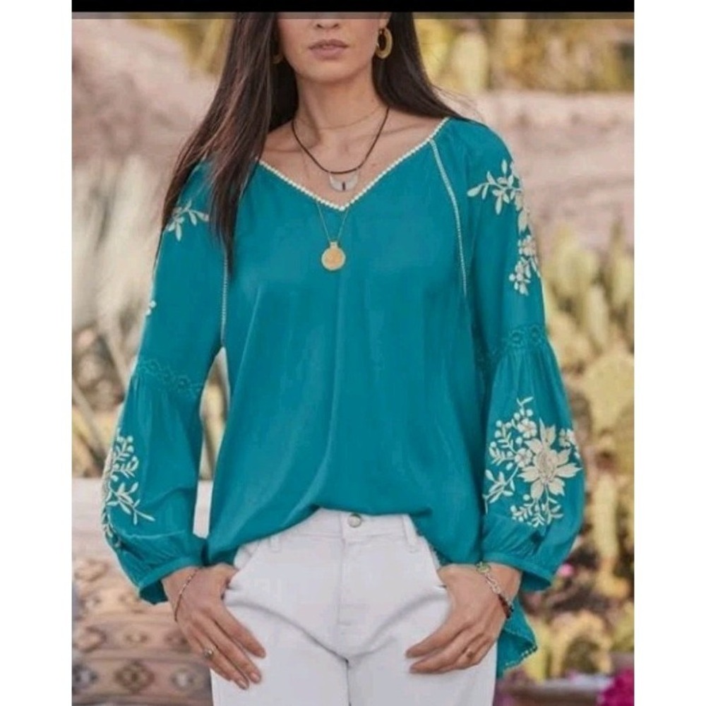 Sundance Naomi Isles Embroidered Top Tunic Cotton Teal Blue Size Petite‎ XXS